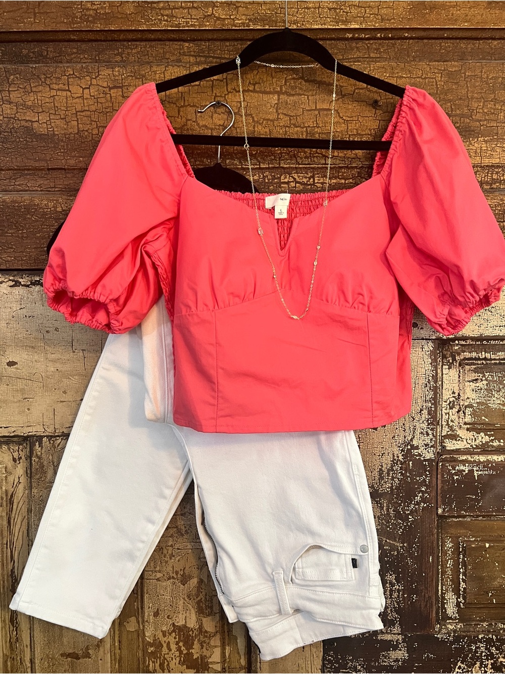 Francesca’s Coral Pink Puff Sleeve Crop Top | Smocked Back | Size L NWOT